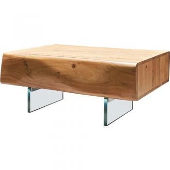 Table basse moderne DELIFE 80x60 cm, live‑edge, deux tiroirs, pieds vitrés
