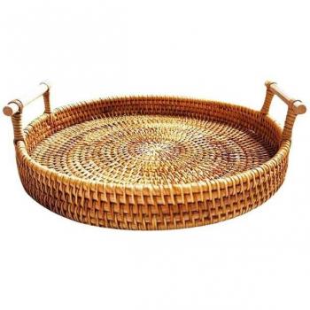 Rattan Round Tray with Handle for Storage