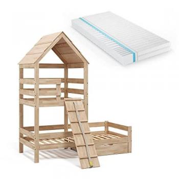 Lit Cabane Teddy, Bois Naturel, 90x200 Cm, Avec Matelas Et Tiroir
