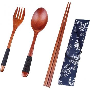 Natürliches Holz‑Besteck im japanischen Design – kompakt, drahtgebunden, inkl. Gabel, Löffel, Stäbchen