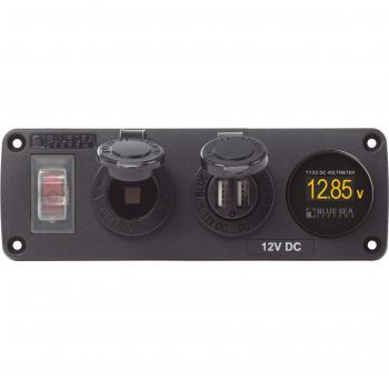 BLUE SEA 4366 Water-Resistant 12V 15A Circuit Accessory Panel Socket, Dual USB, Volt Meter