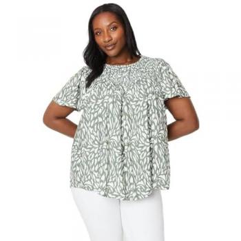 Women's Curve Khaki Abstract Shirred Yoke Blouse