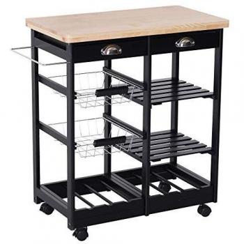 Carrello Cucina Portafrutta HOMCOM con Ruote e Portabottiglie in Legno Nero 74x37x76cm