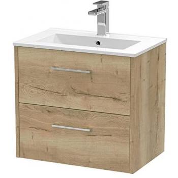 Hudson Reed Juno 600mm Wall Hung Single Vanity Unit Light Brown with 2 Drawers and Minimalist Ceramic Basin