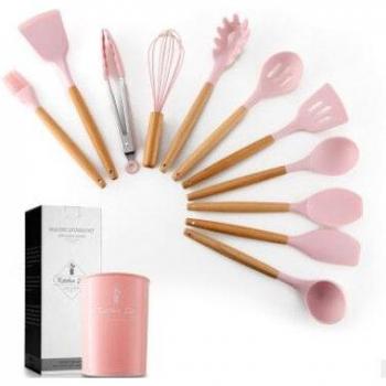 12-Piece Kitchen Utensils Set in Pink with Solid Wood Handle