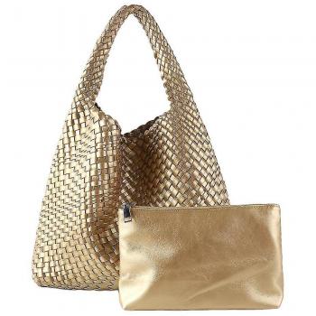Bolsa bucket de cuero tejida, moda femenina y elegante