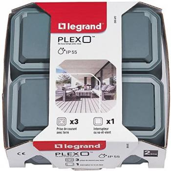 Lot de 1 interrupteur et 3 prises de courant étanches Plexo gris