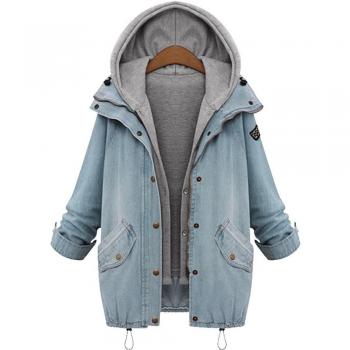 Abrigo denim con cuello y capucha para mujer