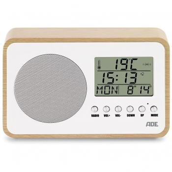 ADE BR1705 Kompakt Radio/Wecker mit Thermometer & Kalender – Retro‑Look, LCD‑Display, Weiß/Birke