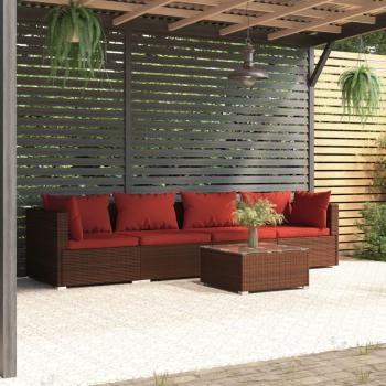 Móveis de Jardim 5 Peças com Almofadas e Vime PE Castanho