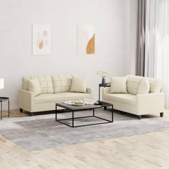 Faux Leather 2-Piece Sofa Set in Cream with Cushions