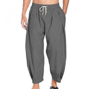 Pantalon Harem Casual en Coton Lin – Mi-long, Gris foncé, Taille M