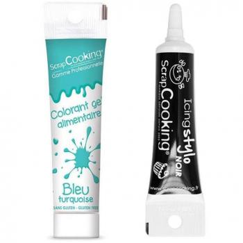 Gel colorant alimentaire bleu turquoise 20 g + stylo glaçage noir Scrapcooking