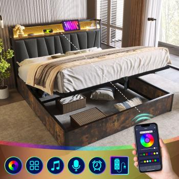 Gris Tech Sleep Box 160x200 – Madera, Lino y LEDs Inteligentes
