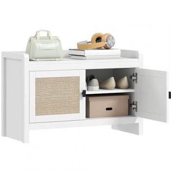 Banco Mueble Homcom con Balda Extraíble – Rattan, Blanco y Beige