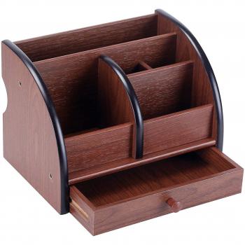 Premium Brown Wood Office Stationery Organizer