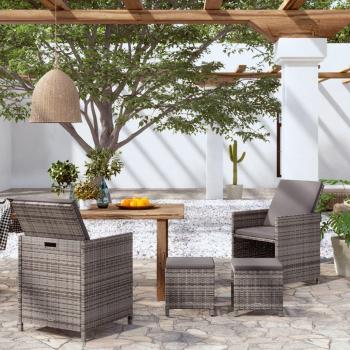 VidaXL Conjunto de silla de jardín y taburete 4 piezas ratán PE gris