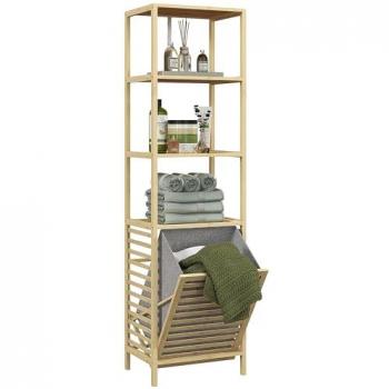 Bambou colonne salle de bain HOMCOM – 3 étagères, panier gris verni (92 × 16 × 46 cm)