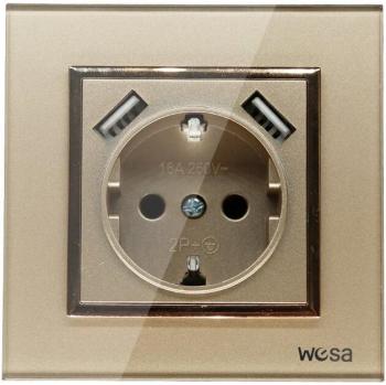Enchufe Doble USB con Toma de Tierra, 5V 2A, Cristal Templado Dorado, FB-19