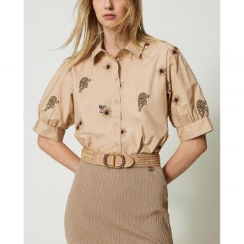Twinset Camicia Popeline Ricamo Jungle Creme Brulé, Cotone, Taglia 44