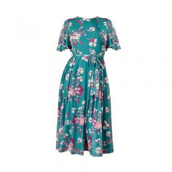 Yumi Blue Mesh Skater Floral Print Midi Dress (Size 14)