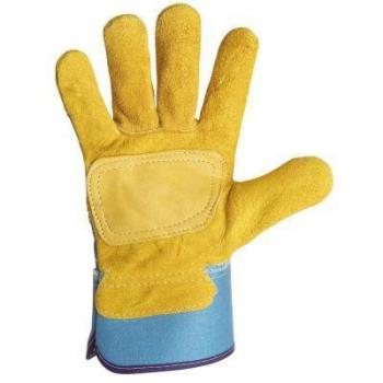 Lot de 10 Gants paume cuir croûte bovin gris. Renfort fleur beige sur la paume