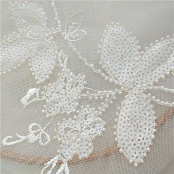 White Lace Flower Applique with Sequins for Wedding Dress