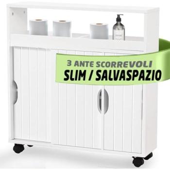 Shally Dogan Mobiletto Bagno a 4 ruote, ante scorrevoli, carrello salvaspazio stretto
