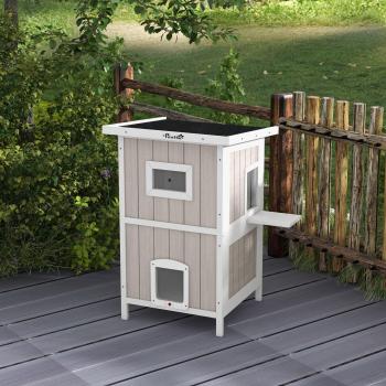 2 Tiers Outdoor Cat House with Escape Doors, Asphalt Roof