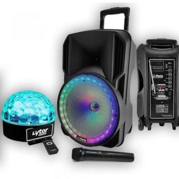 Enceinte Portable DJ 700W avec Batterie, 12 LED RGB, Bluetooth, USB, Radio FM + Micro et Boule Disco Sixmagic