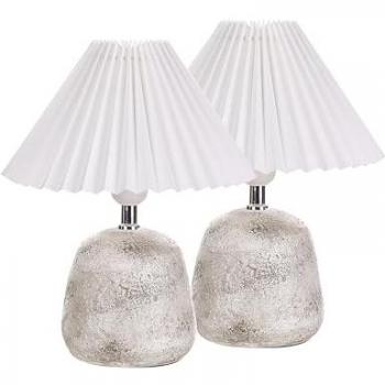 Set di 2 Lampade da Tavolo in Ceramica con Paralume Plissettato Grigio e Bianco Zeyi
