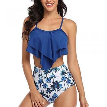 Amenxi High Waist Flounce Halter Tankini (X-Blue, UK 18-20 (XL))