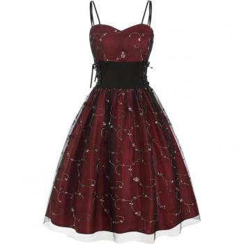 Vestido Vintage de Encaje Bordado y Plisado