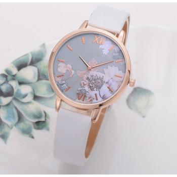 Reloj de cuarzo para mujer con estampado de flores, pulsera de cuero, 1 unidad