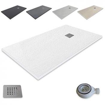 Outletaseo Resina Extraplano Plato de Ducha Antideslizante Pizarra 120x80 Blanco RAL-9003 con Válvula Desagüe y Rejilla