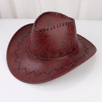 Sombrero de cowboy para dama, cuero PU, estilo con hojas, color profundo, NZ0023