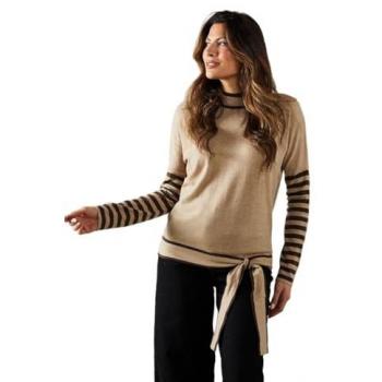 High Neck Jumper for Women with Stripe Sleeves and Tie Waist