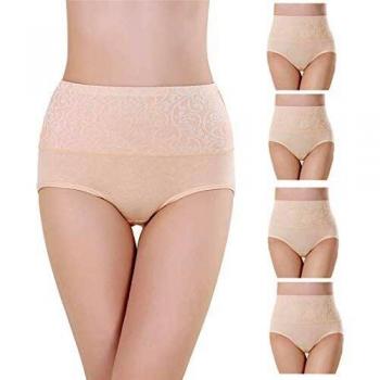Misolin Damen Slips Baumwolle Panties Hoher Taille Unterhosen Taillenslip Gemütlich Unterwäsche Beige 4er Packung XL