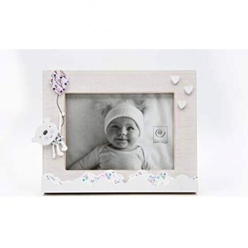 Cadre photo décoré de nounours et ballon rose en bois blanchi