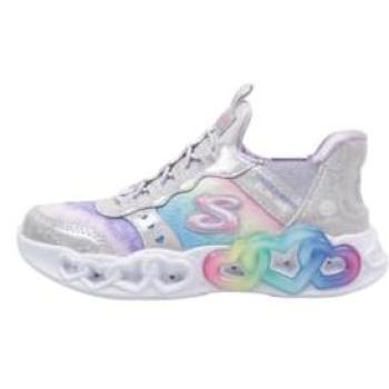 Skechers Infinite Heart Lights Eternal Shimmer Kids Slip‑On Silver Grey Pink Trim
