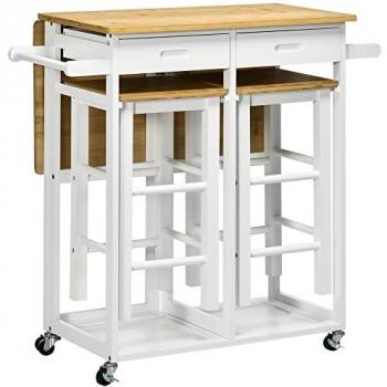 Homcom Ensemble table de bar 2 tabourets 2 tiroirs bois bambou verni blanc Blanc 82x83x75cm