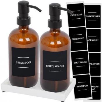 Amber & Black 500ml Glass Soap Dispenser Set with Tray & Labels