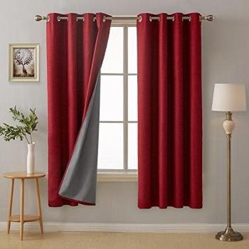 Deconovo 100% Light‑Blocking Blackout Curtain Duo – 3‑Pass Thermal Insulation, Red Faux Linen, Ring Top, 55x70 in