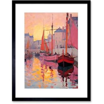 Maritime Mirage: Reflective Harbour Scene, Warm Sunset Palette