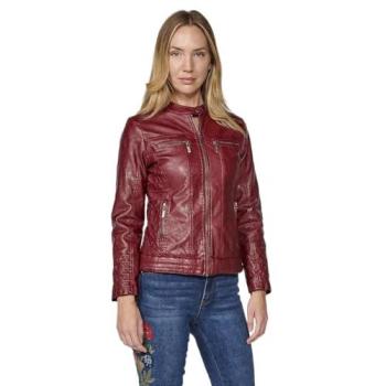 Cazadora de Hombre Motero (Versión Mujer) con Detalle Polipiel Granate y Pelo Sintético