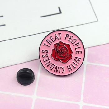 Kindness Themed Round Brooch with Rose Print