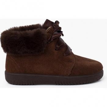 Botas de bebé niña en piel serraje con collarín de pelito y cordones de raso