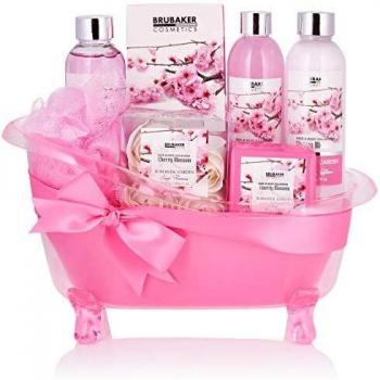 BRUBAKER Hautpflege Set Kirschblüte, 8-teiliges Geschenkset für Frauen in dekorativer Badewanne