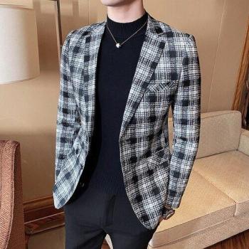 Chaqueta de hombre, estilo de negocios, ajustada a cuadros, lino y algodón, S-4XL