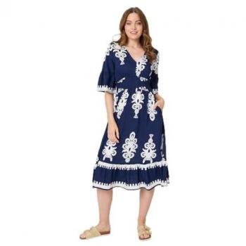 Izabel London Women's Blue Ikat Print Flared Sleeve Midi Dress – Size 8